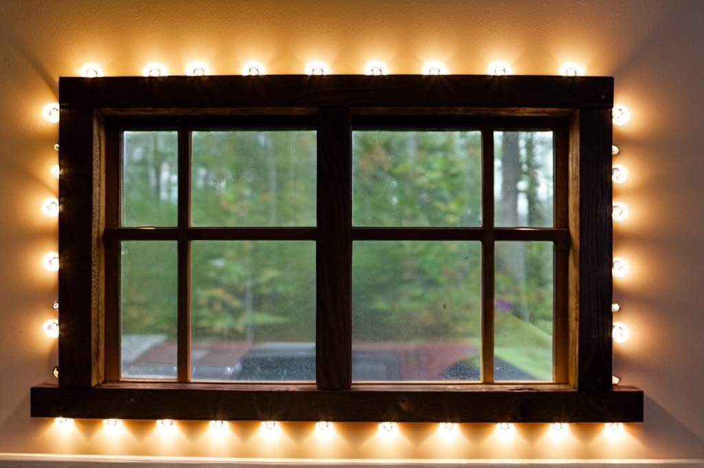 Prompt: Create a dark wood rectangular window frame with lights along the frame and with no picture inside. looking at it flat against a wall
