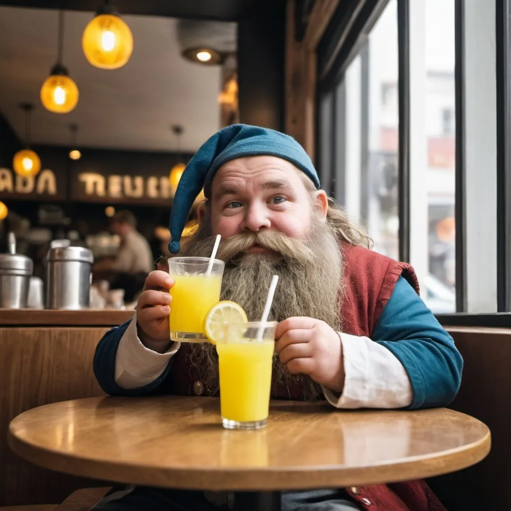 Prompt: A dwarf in a Cafe drinking lemonade on their birthday 