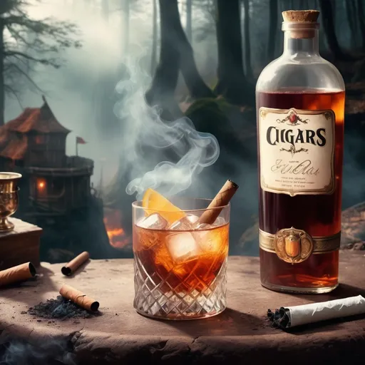 Prompt: old fashion drink in a fantasy world with ciggars and smoke