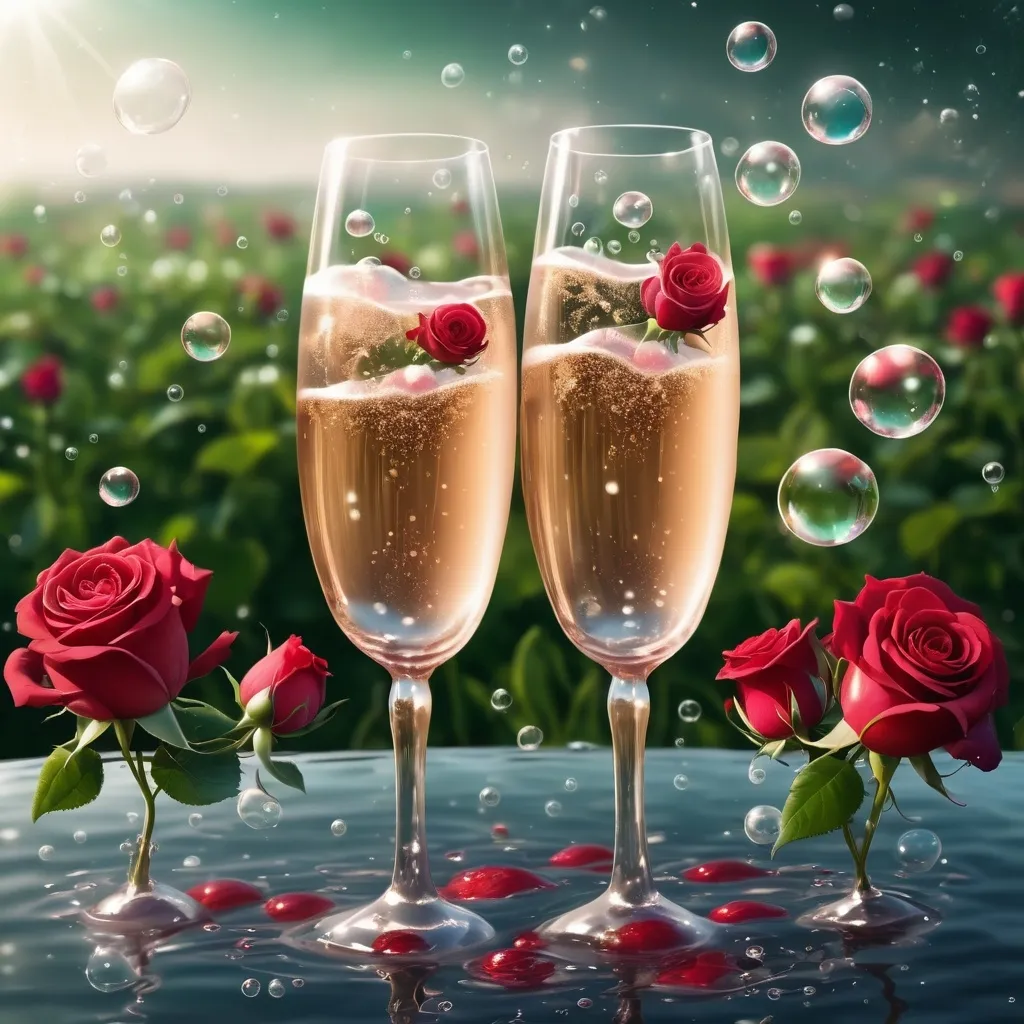 Prompt: Champagne with red roses in a fantasy world with soap bubbles floating  