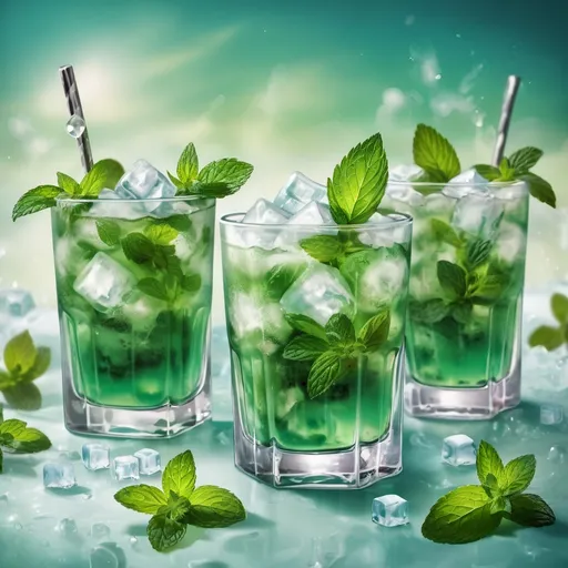 Prompt: Fantasy illustration of a mojito fantasy world and 3-5 cucombers mint and ice cubes 