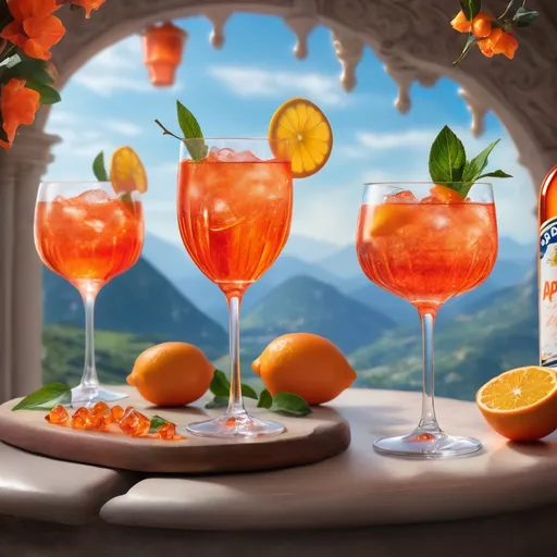 Prompt: Aperol sprits in a  fantasy sparkling world 