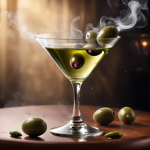 Prompt: Martini Glass with olives and smoke fantasy world