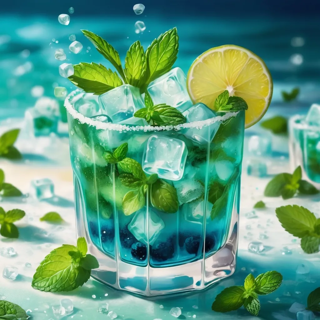 Prompt: Fantasy illustration of a mojito fantasy world and 3-5 cucombers mint and ice cubes with mix of blue green and gold 