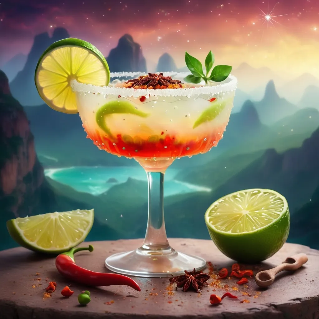 Prompt: Spicy margarita with limes and chilli flakes in a fantasy world with sparkles 