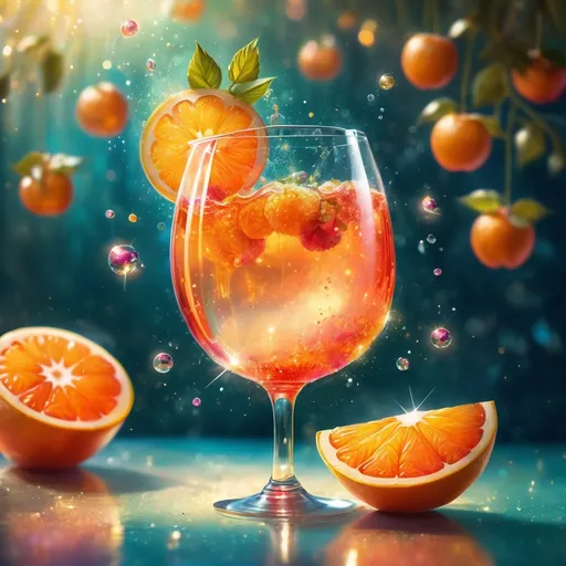 Prompt: Fantasy illustration of Aperol spritz in a sparkling world, vibrant and whimsical, surreal floating fruits, golden sparkling ambience, effervescent drink with a magical glow, high quality, fantasy, vibrant colors, surreal, sparkling world, ethereal atmosphere, fizzy drink, dreamy, surreal fruits, fantasy lighting