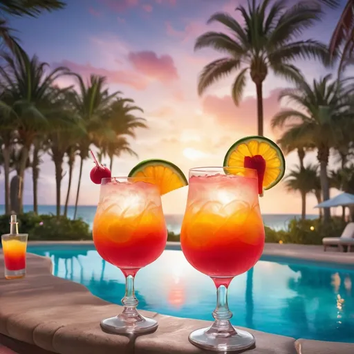 Prompt: Tequila sunrise cocktail in a fantasy world by the pool 