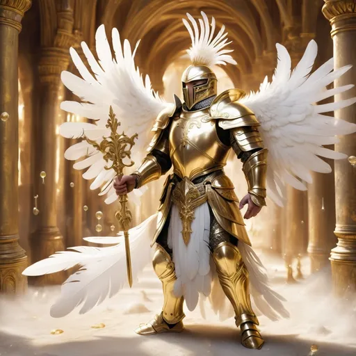 Prompt: Pisco sour in a fantasy world with white feathers and gold armour  