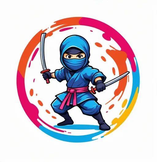 Prompt: Circular logo. Ninja in bright and happy colors, looking friendly and joyful, instead of swords, it has a paintbrush in each hand splashing paint in bright vibrant colors in a circle behind it.