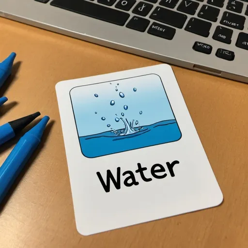 Prompt: Create an image with one flashcard on a student's desk at home.  the flashcard should contain the word water.