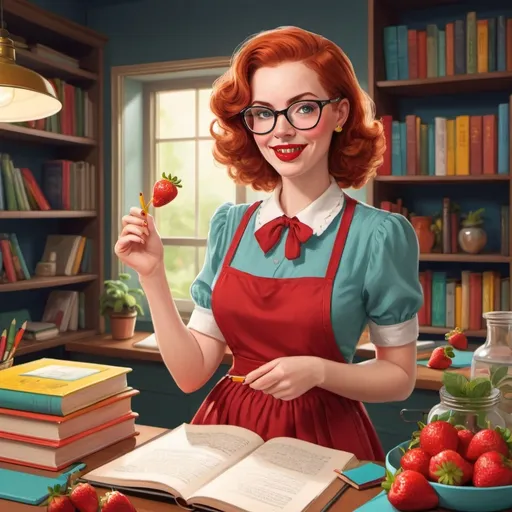 Prompt: illustration of a 30-year-old librarian looking woman with reddish hair. Yellow pencil in hair, wearing glasses, red lips, dressed in 50s dress and apron, holding strawberries, lessons in chemistry
