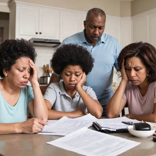 Prompt: a diverse family sitting around a table looking stressed at bills
