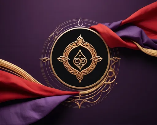 Prompt: illustration holiness, purple, red linen, symbolism, gold braid, elegant, strong, swirling fabric, cloudcore, endercore, black background, wavy lines organic shapes, logo