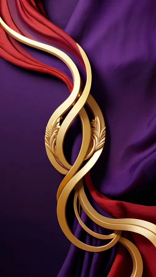 Prompt: illustration holiness, purple, red linen, symbolism, gold braid, elegant, strong, swirling fabric, cloudcore, endercore, black background, wavy lines organic shapes, logo, royal