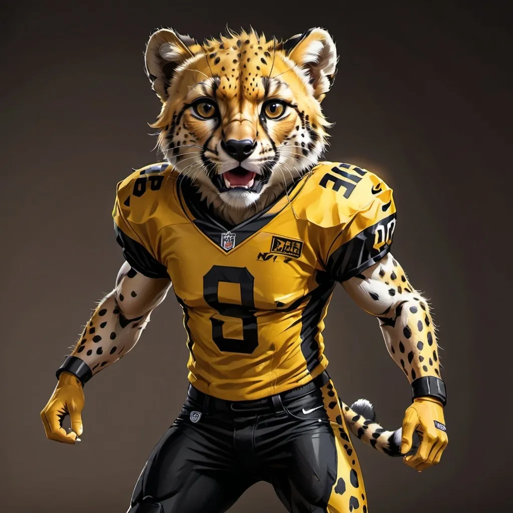 Prompt: hyper-realistic, (fullbody anthro character) young cheetah person in a black and bright yellow football jersey with black pants throwing the game winning touchdown! He has a confident, aggressive expression. He has broad shoulders and an athletic build. His arms are covered in tan fur. Dynamic pose, Ultra-detailed, 4k quality, high resolution fur