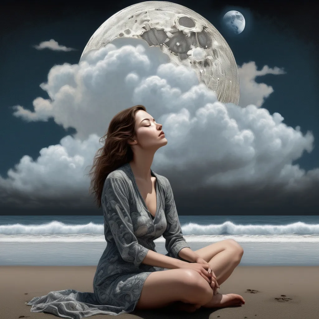 Prompt: a woman sitting on a beach with clouds and a moon above her head, in front of a painting of a woman with her eyes closed, Dan Hillier, psychedelic art, highly detailed digital painting, an ultrafine detailed painting