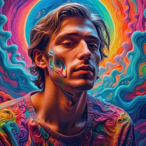 Prompt: (psychedelic art), a man feeling stuck, without peace, (highly detailed digital painting),ultra-fine details), vivid and mesmerizing color palette, dreamy atmosphere,blending of colors, porcelain skin, expressive emotions, magical realism, 4K quality, captivating visual depth.