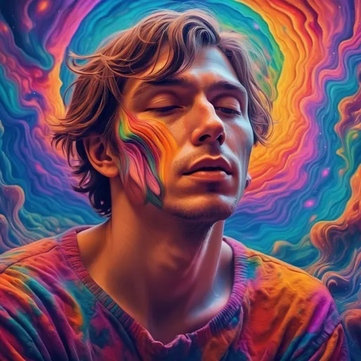 Prompt: (psychedelic art), a man feeling stuck, without peace, (highly detailed digital painting),ultra-fine details), vivid and mesmerizing color palette, dreamy atmosphere,blending of colors, porcelain skin, expressive emotions, magical realism, 4K quality, captivating visual depth.