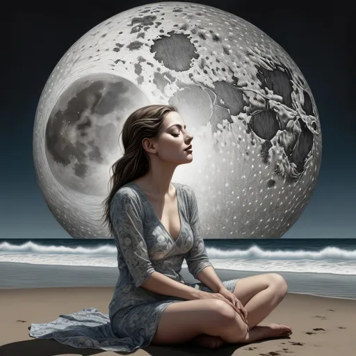 Prompt: a woman sitting on a beach with a moon above her head, in front of a painting of a woman with her eyes closed, Dan Hillier, psychedelic art, highly detailed digital painting, an ultrafine detailed painting