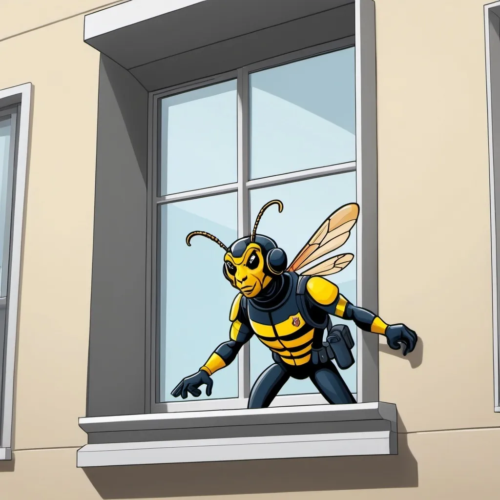 Prompt: Cartoon style Wasp police officer hovering outside the window of an apartment in Vienna. The officer looks angry at not being allowed in.