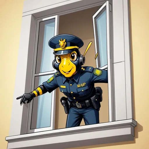 Prompt: Cartoon style Wasp police officer knocking on the window of an apartment in Vienna