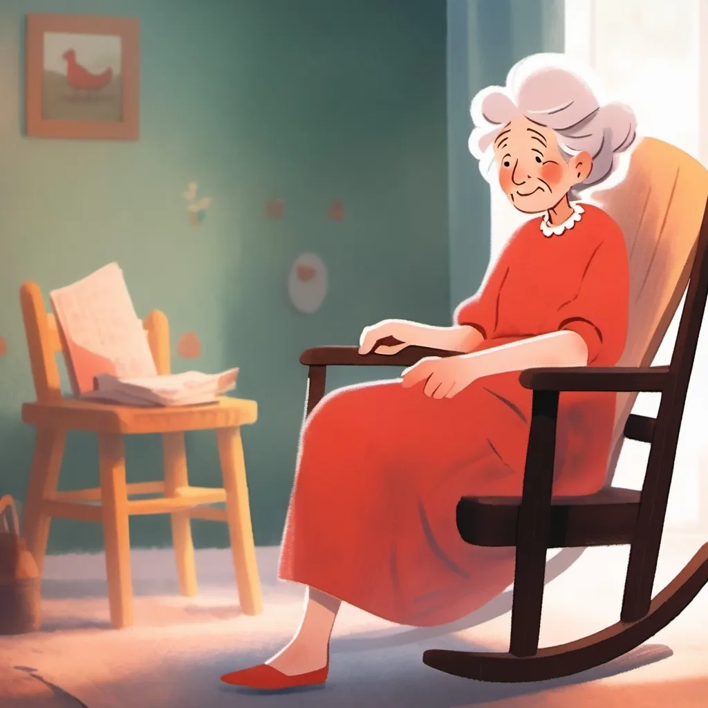 Prompt: an old woman wearing a red dress, sitting in a rocking chair
