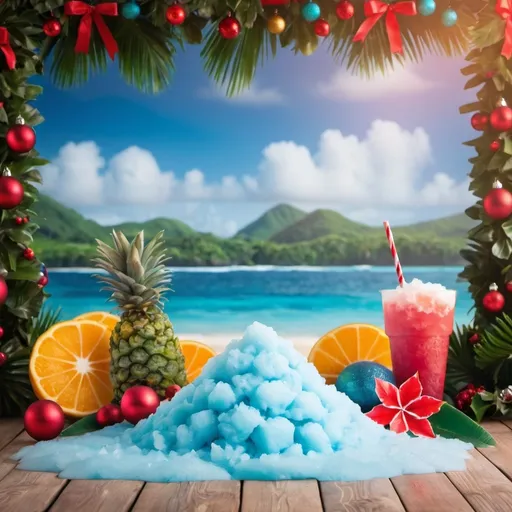 Prompt: tropical Christmas backdrop with shaved ice in the picture
