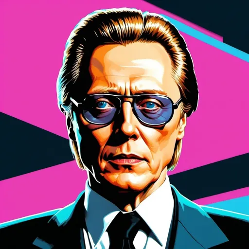 Prompt: Christopher Walken as Max Zorin, from "A View to a Kill" with 80s style transition glasses on,  in an 80s comic book synthwave style.