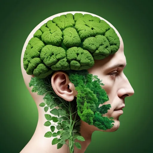 Prompt: A high quality photo of human being half brain as ai netwrok theme of greenery nature depicting eco friendly approach