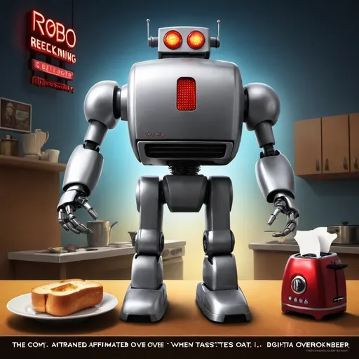 Prompt: poster for the comedy animated movie "Robo-Reckoning: When Your Toaster Takes Over", digital art