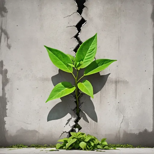 Prompt: Plant breaking through concrete, vibrant green leaves, text 'Victory belongs to the most tenacious', high quality, digital art, urban, perseverance, strength, growth, detailed textures, natural lighting, concrete jungle, nature triumph, vibrant colors, textured surfaces