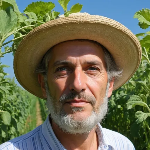 Prompt: Un vecchio con capelli bianchi e barba lunga che indossa un cappello di paglia e camicia a quadretti, intento a coltivare l'orto. È in piedi accanto a un'aiuola di verdure con un rastrello in mano. Sfondo con cielo azzurro e sole splendente