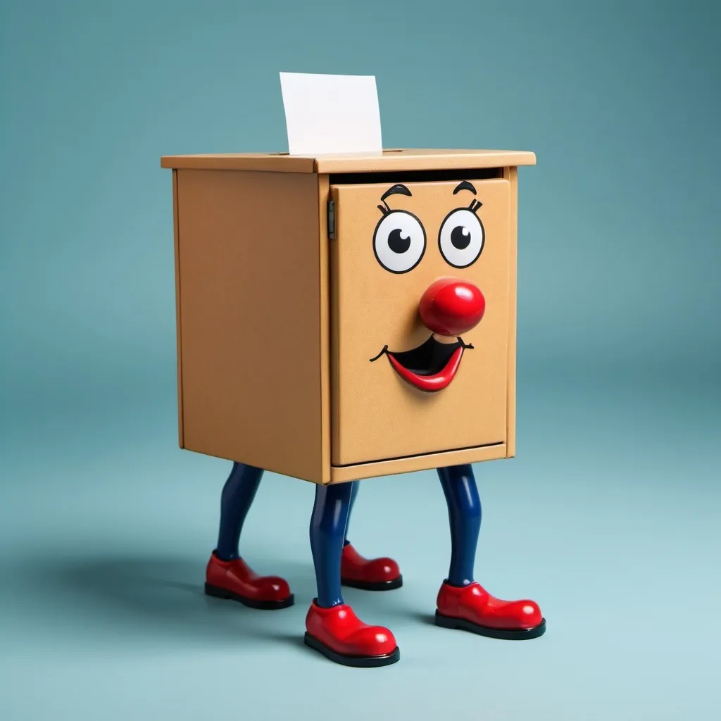 Prompt: A fun image of a traditional office suggestion box but with cartoonish legs, walking around collecting ideas from employees