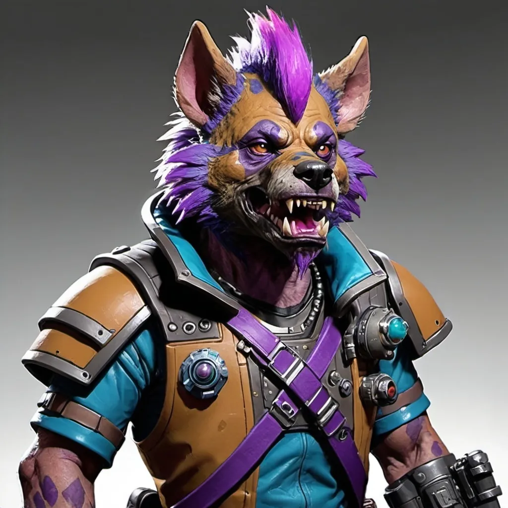 Prompt: sci-fi starfinder space faring Gnoll with purple colored Mohawk bounty hunter