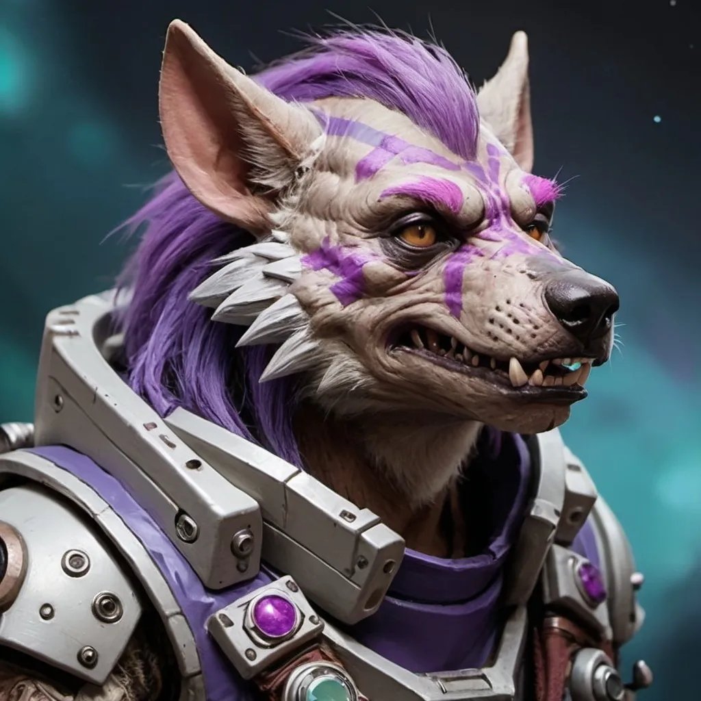 Prompt: sci-fi starfinder space faring Gnoll with purple colored hair