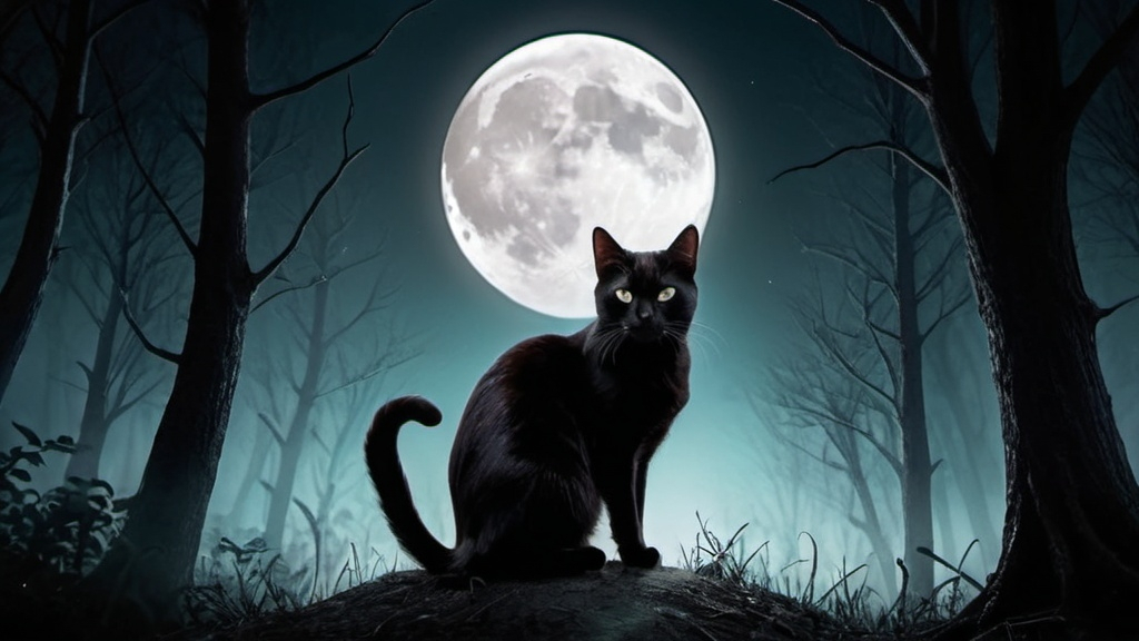 Prompt: Black cat in a scary forest with a moon high in the sky at night