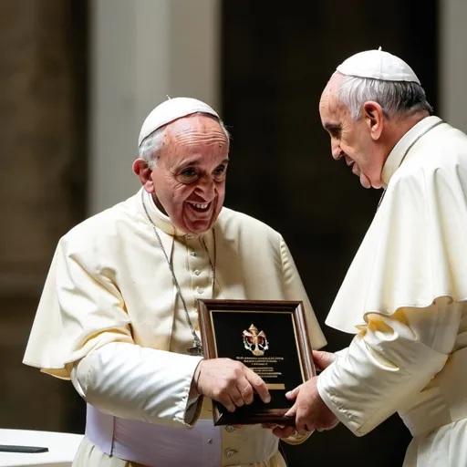 Prompt: Pope Francis presenting a plaque