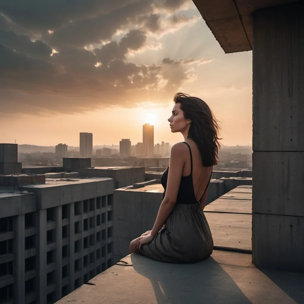 Prompt: A rooftop of a modern building with brutalist stonework and open to the sky. in the middle is a beautiful dark haired woman looking into the distance. She is watching a cool sun set across a post apocalyptic vista