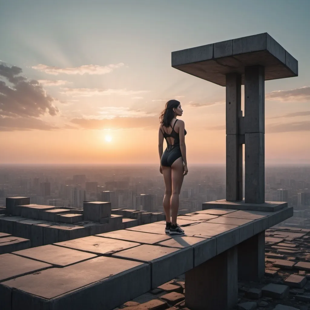 Prompt: A floating platform in the sky with brutalist stonework and open to the sky. in the middle is a beautiful dark haired woman in a form fitting athletic suit looking into the distance. She is watching a cool sun set across a post apocalyptic vista