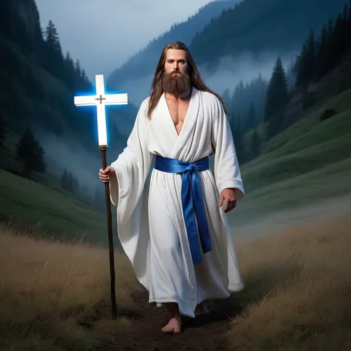 Prompt: Even though I ((dressed in a white robe and blue sash, with long hair and a full beard)) walk through the valley ((sunless, dark, with ground fog)) of the shadow of death, I fear no evil, for You are with me; Your rod (( topped with a cross, to protect)) and Your staff ((glowing light, to guide)), they comfort and console me.