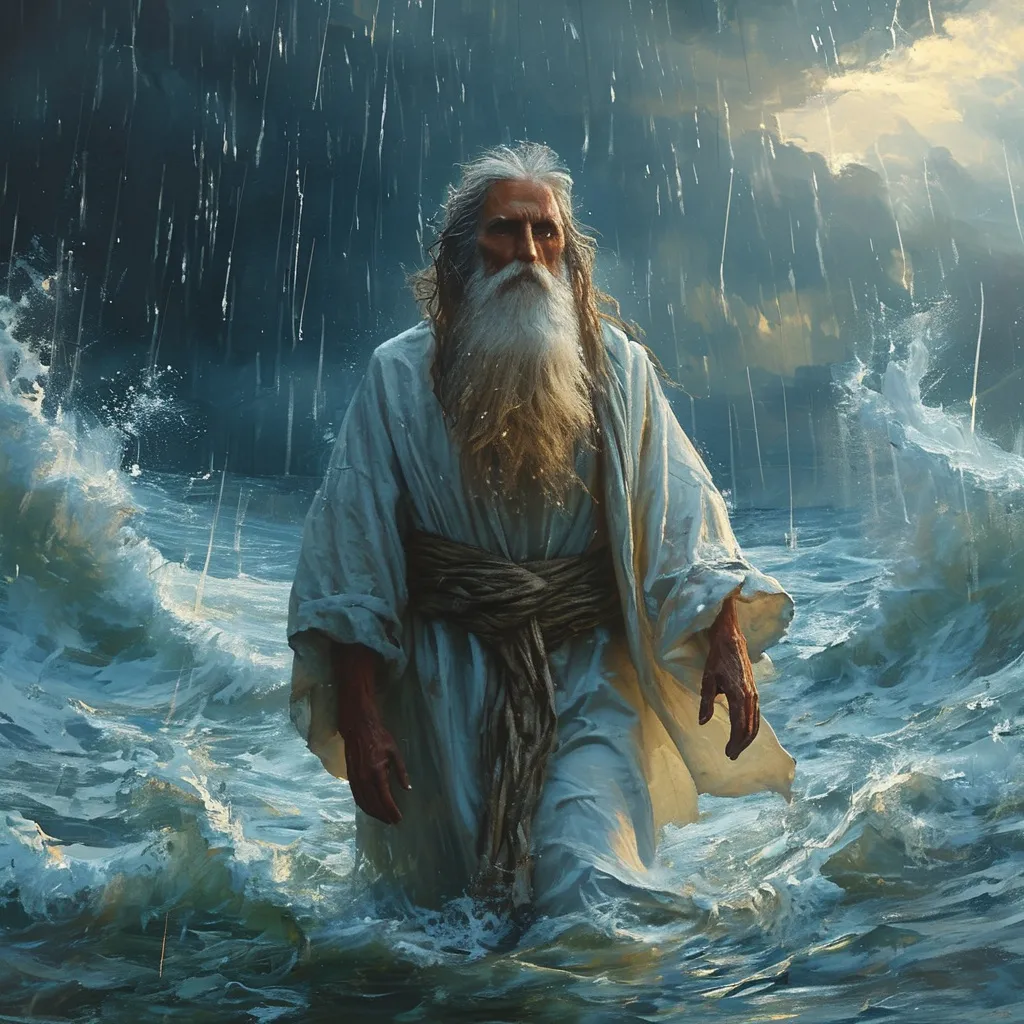 Prompt: Man ((dressed in a white robe and blue sash, with long hair and a full beard)), ((glowing light, to guide)) walking on water, surrounded by dramatic high waves crashing, intense rain pouring down, striking lightning illuminating the stormy night sky, (atmospheric tension), (dynamic movement), deep shadows and vivid contrasts, (moody and tumultuous ambiance), (4K, ultra-detailed), capturing the epic struggle against nature's fury.