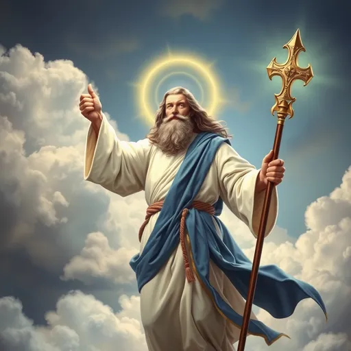 Prompt: Man ((dressed in a white robe and blue sash, with long hair and a full beard)) with rod (( topped with a cross, to protect)) and staff ((glowing light, to guide)), flying, in the clouds
