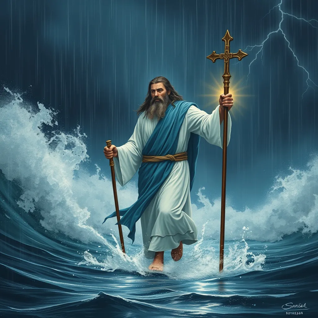 Prompt: Man ((dressed in a white robe and blue sash, with long hair and a full beard)) with rod (( topped with a cross, to protect)) and staff ((glowing light, to guide)), walking, on the water, during a rain and lightning storm at night, high waves crashing
