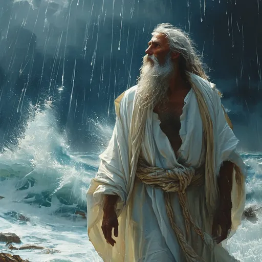 Prompt: Man ((dressed in a white robe and blue sash, with long hair and a full beard)), ((glowing light, to guide)) walking on water, surrounded by dramatic high waves crashing, intense rain pouring down, striking lightning illuminating the stormy night sky, (atmospheric tension), (dynamic movement), deep shadows and vivid contrasts, (moody and tumultuous ambiance), (4K, ultra-detailed), capturing the epic struggle against nature's fury.