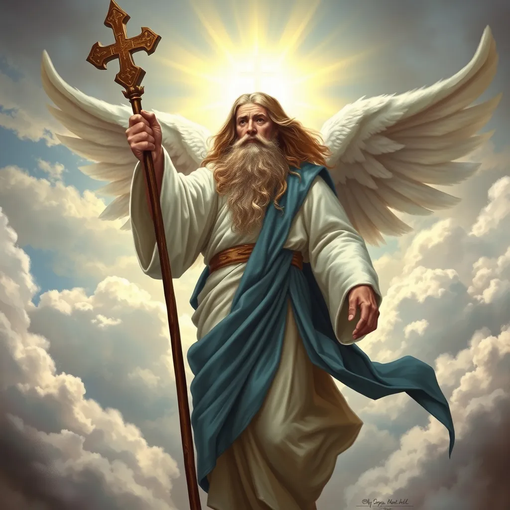 Prompt: Man ((dressed in a white robe and blue sash, with long hair and a full beard)) with rod (( topped with a cross, to protect)) and staff ((glowing light, to guide)), flying, in the clouds
