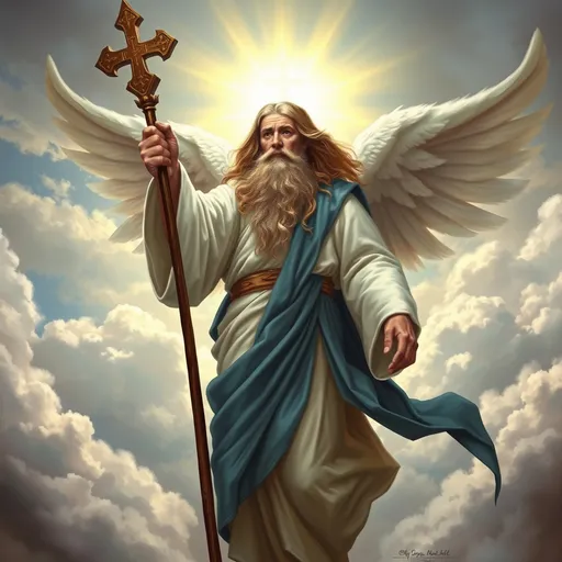 Prompt: Man ((dressed in a white robe and blue sash, with long hair and a full beard)) with rod (( topped with a cross, to protect)) and staff ((glowing light, to guide)), flying, in the clouds
