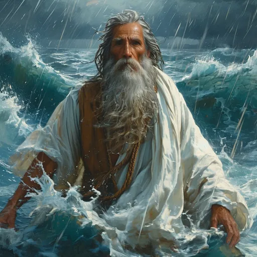 Prompt: Man ((dressed in a white robe and blue sash, with long hair and a full beard)), ((glowing light, to guide)) walking on water, surrounded by dramatic high waves crashing, intense rain pouring down, striking lightning illuminating the stormy night sky, (atmospheric tension), (dynamic movement), deep shadows and vivid contrasts, (moody and tumultuous ambiance), (4K, ultra-detailed), capturing the epic struggle against nature's fury.