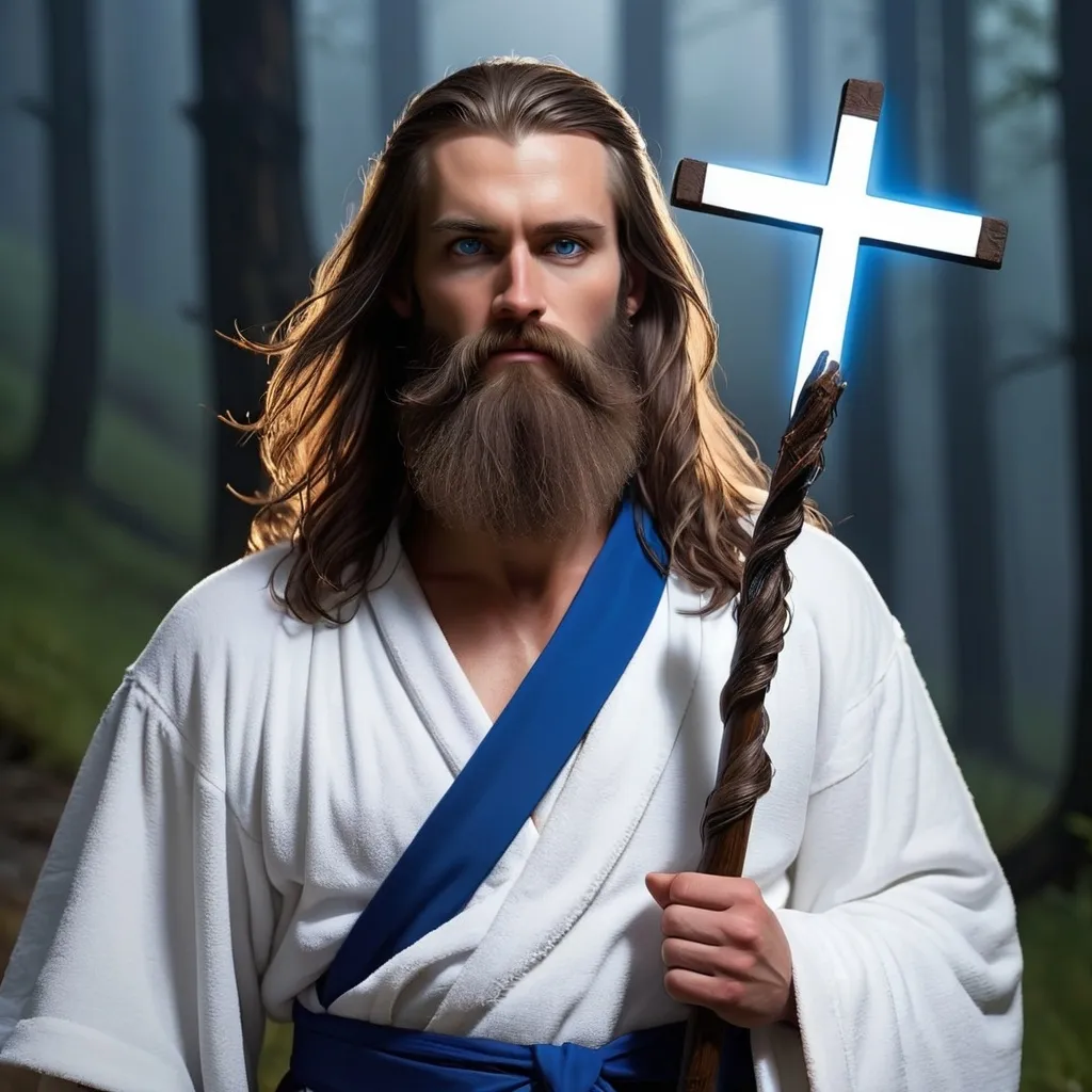 Prompt: Even though I ((dressed in a white robe and blue sash, with long hair and a full beard)) walk through the valley ((sunless, dark, with ground fog)) of the shadow of death, I fear no evil, for You are with me; Your rod (( topped with a cross, to protect)) and Your staff ((glowing light, to guide)), they comfort and console me.