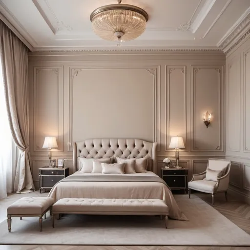 Prompt: Luxury Bedroom with neoclassical interior design, Champaign-colored walls, modern furniture and decor