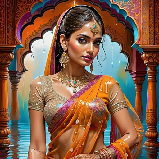 Prompt: Vibrant digital painting of indian model in wet see thru sari, ornate traditional attire, intricate henna designs, flowing fabric with rich textures, striking jewelry and accessories, high quality, detailed, vivid colors, full length digital painting, traditional, ornate details, vibrant tones, intricate patterns, cultural, elegant lighting